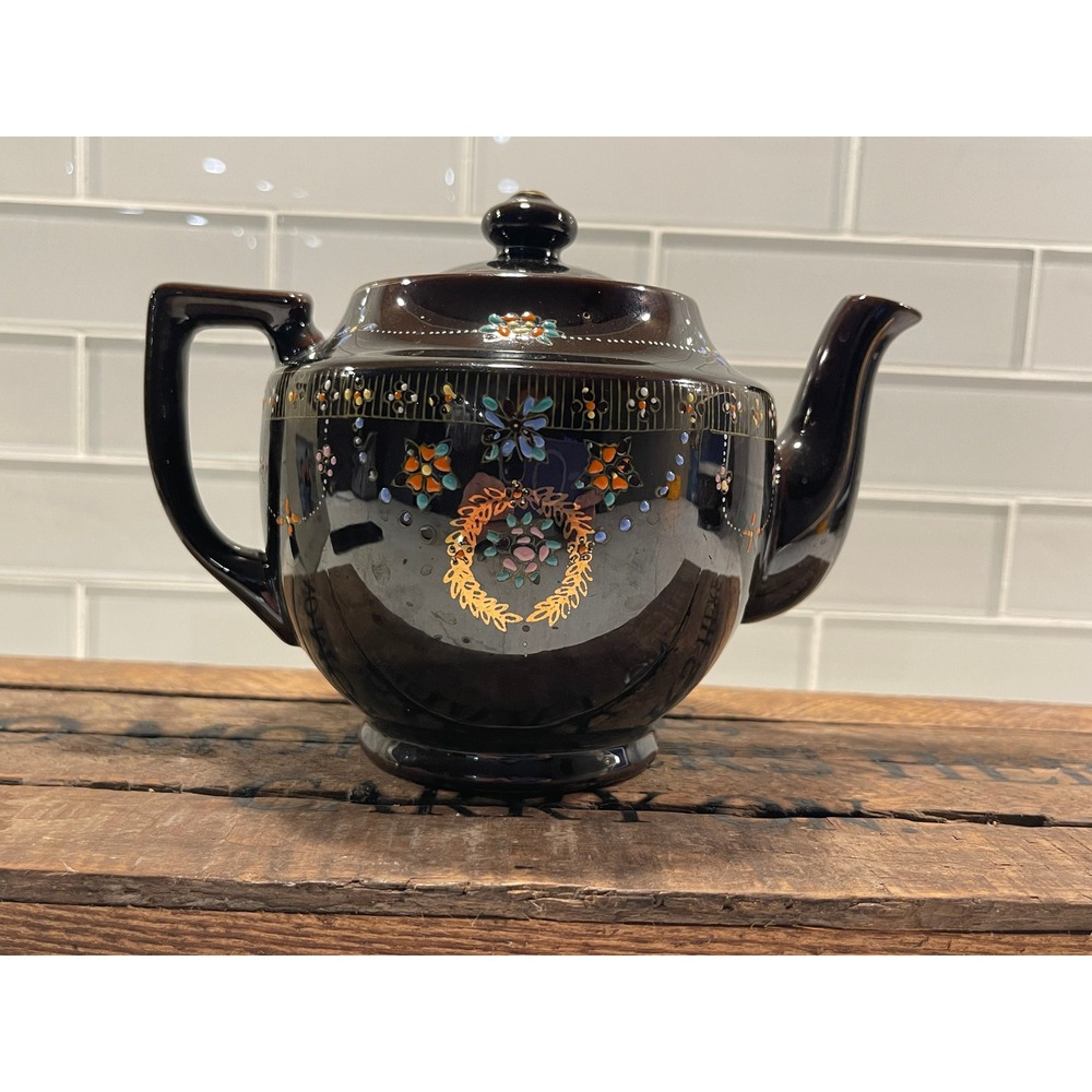 Vintage Made in Occupied Japan Handpainted Brown Floral Teapot w/Lid Gold Trim - Picture 2 of 6